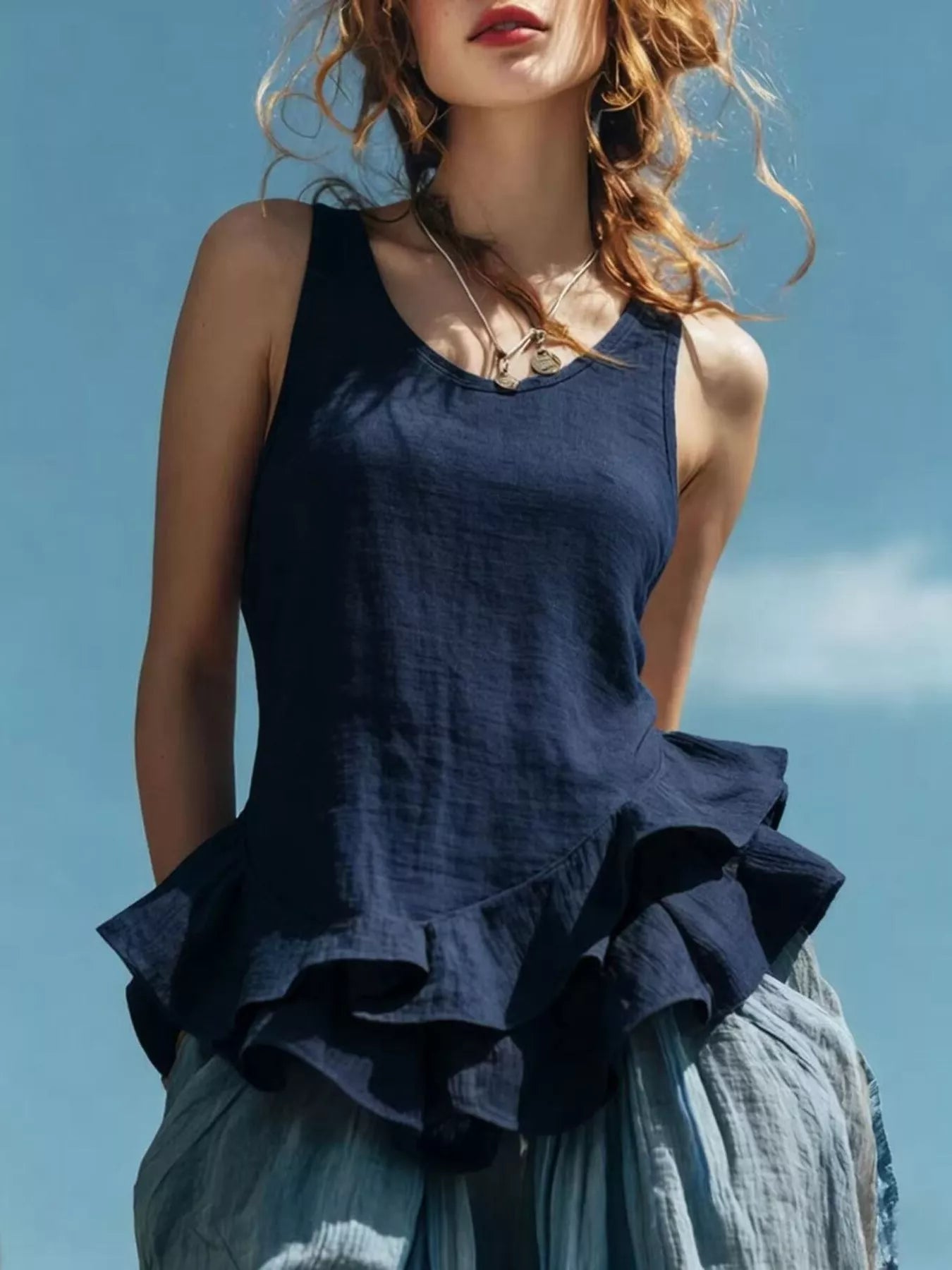 Hazel Blues® | Ruffled Hem Round Neck Tank
