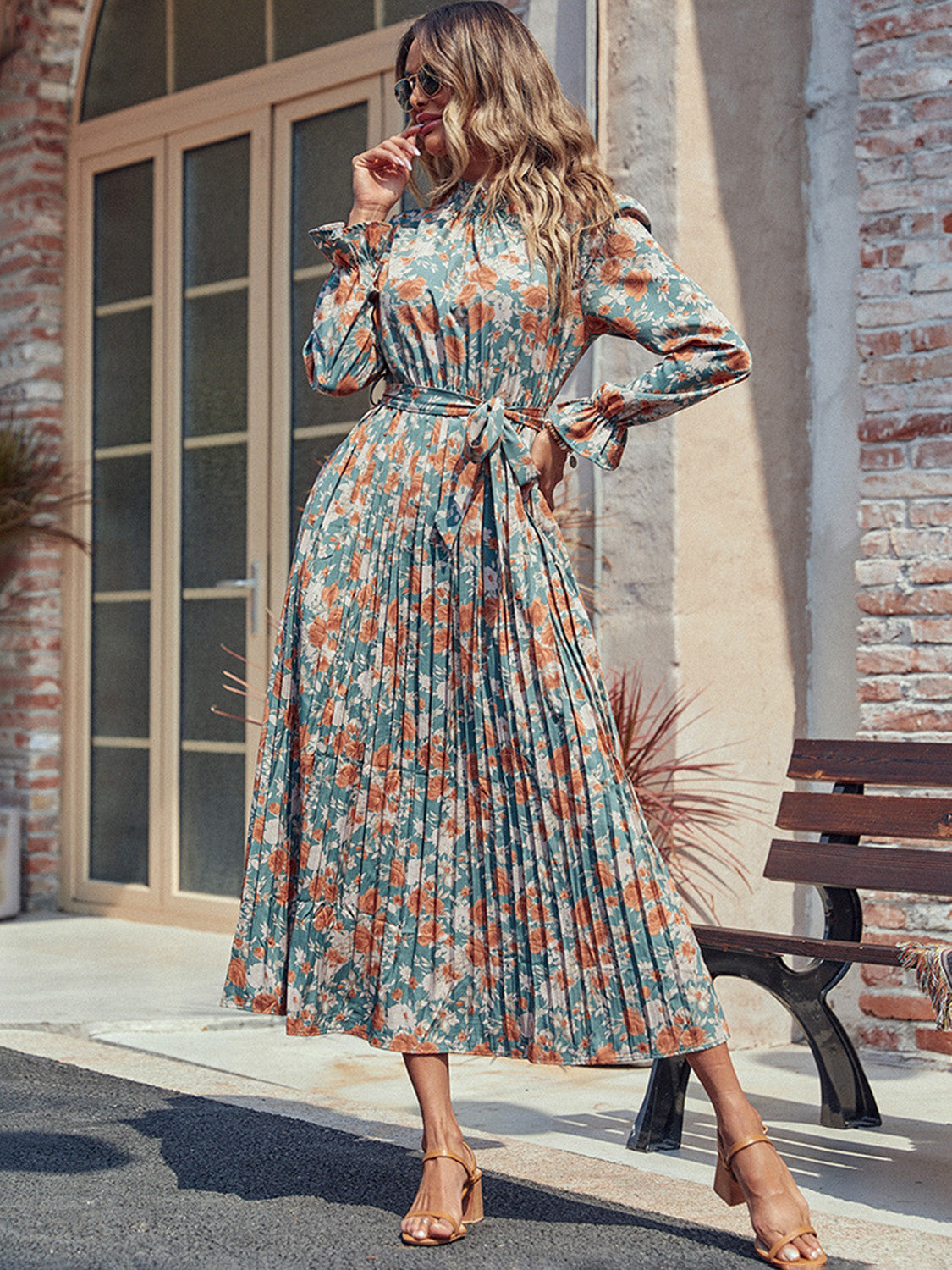 Hazel Blues® | Perfee Tied Pleated Printed Mock Neck Long Sleeve Dress