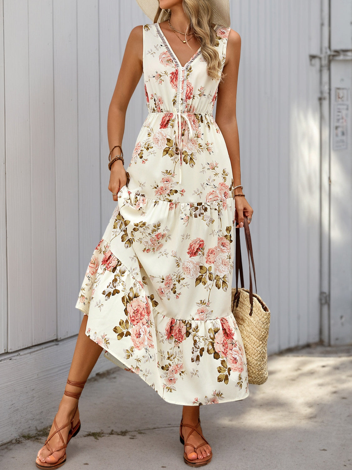 Hazel Blues® | Printed Ruffled Hem V-Neck Sleeveless Dress