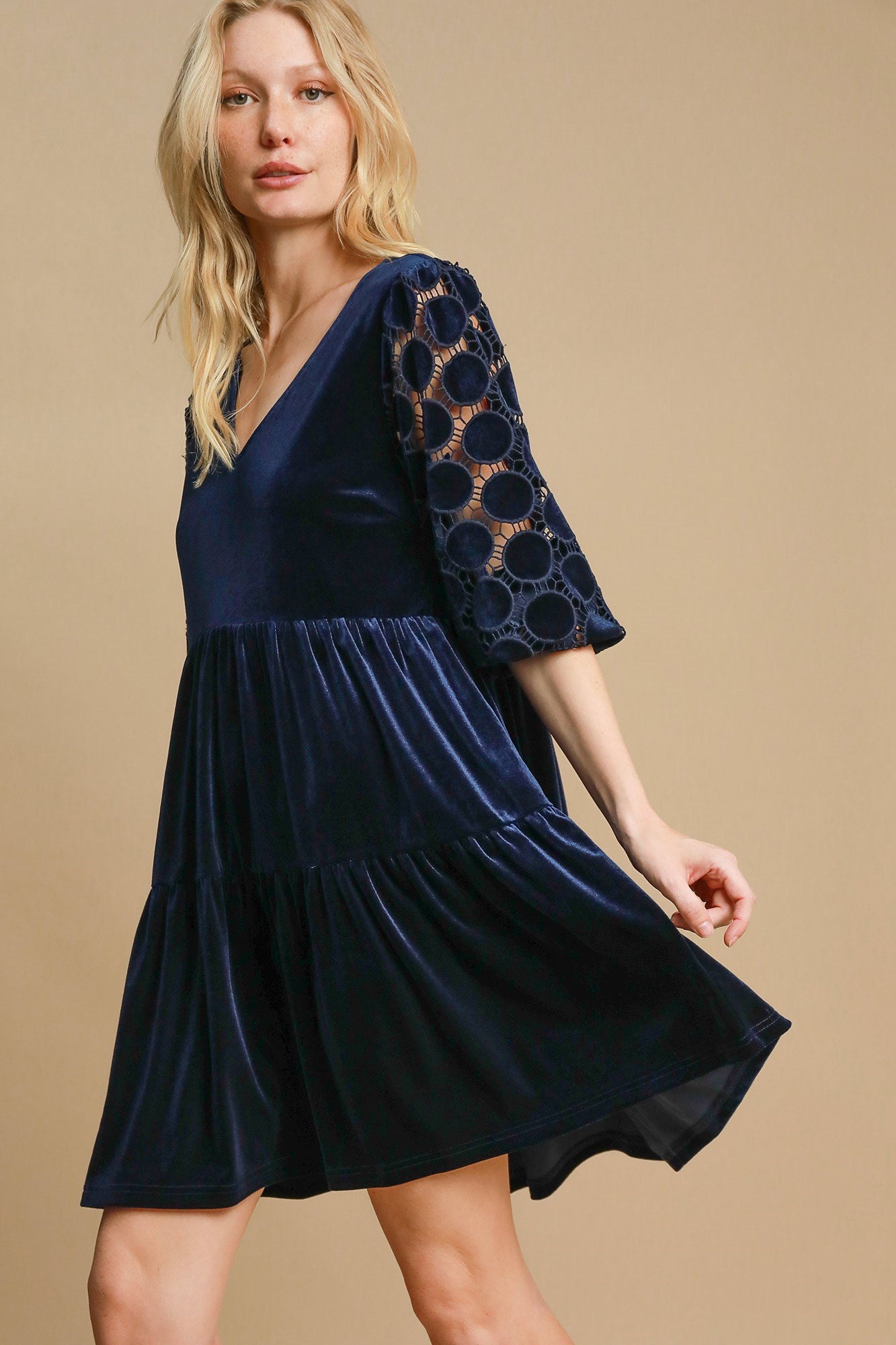 Hazel Blues® | Umgee Dotted Lace Sleeve Tiered Velvet Mini Dress