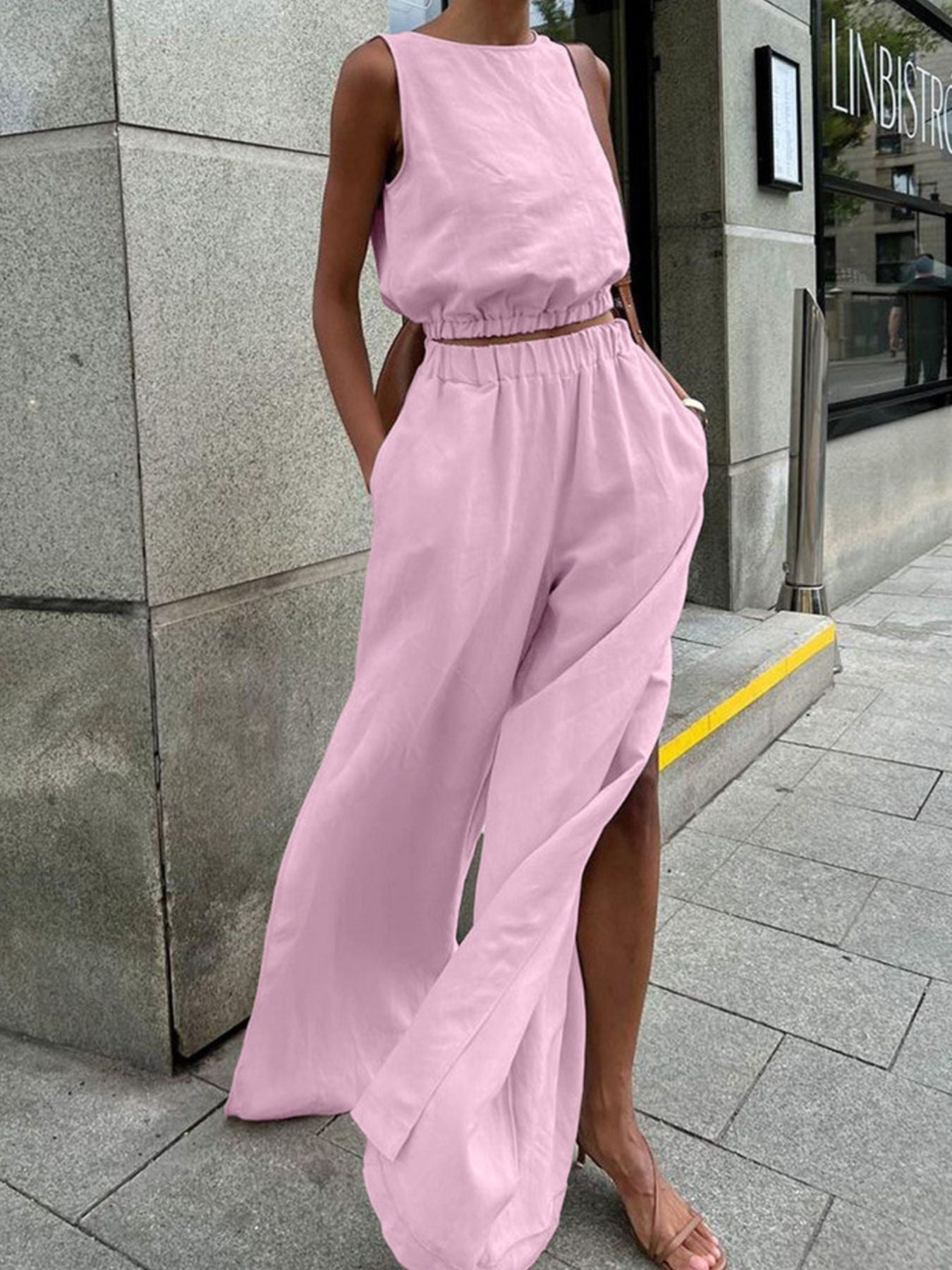 Hazel Blues® | Sleeveless Crop Top and Slit Pants Set