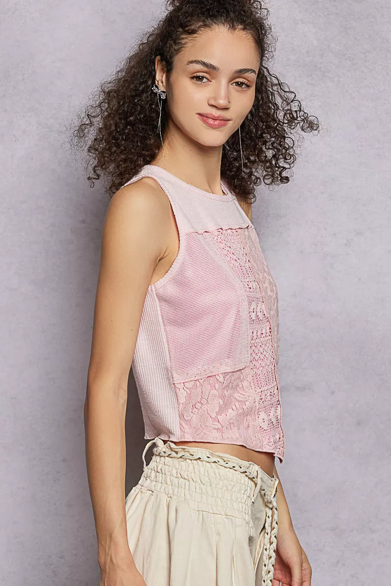 Hazel Blues® | POL Ribbed Round Neck Cropped Tank with Lace Detail