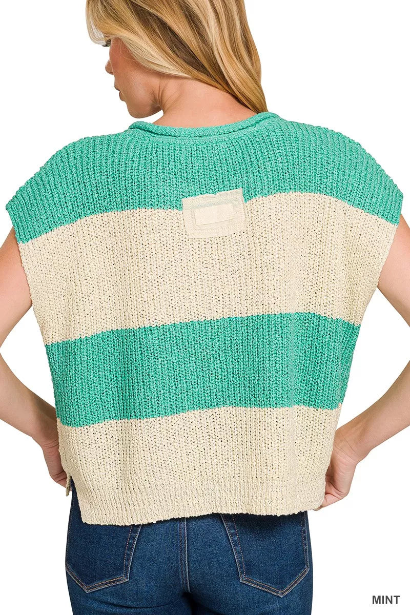 Hazel Blues® | Zenana Split Neck Sleeveless Stripe Sweater