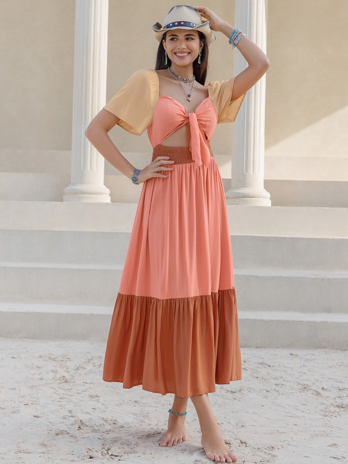 Hazel Blues® | Color Block Tie Front Smocked Midi Dress