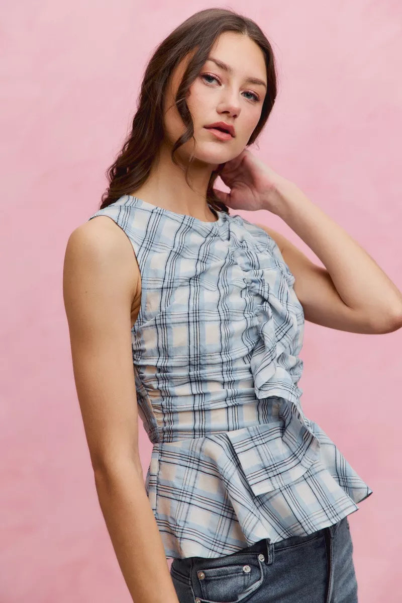 Hazel Blues® | SO ME Plaid Sleeveless Ruffle Peplum Top