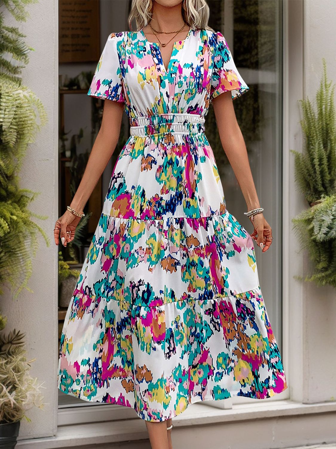 Hazel Blues® | Printed Notched Short Sleeve Midi Dress