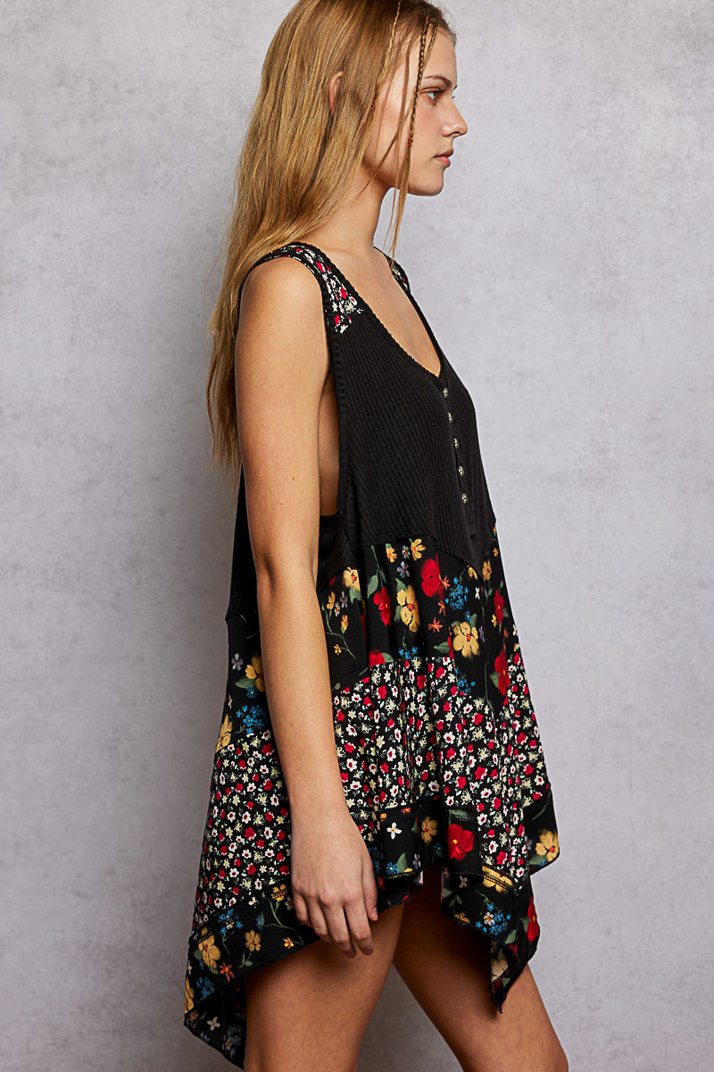 Hazel Blues® | POL Round Neck Ribbed Tank with Woven Print Patch