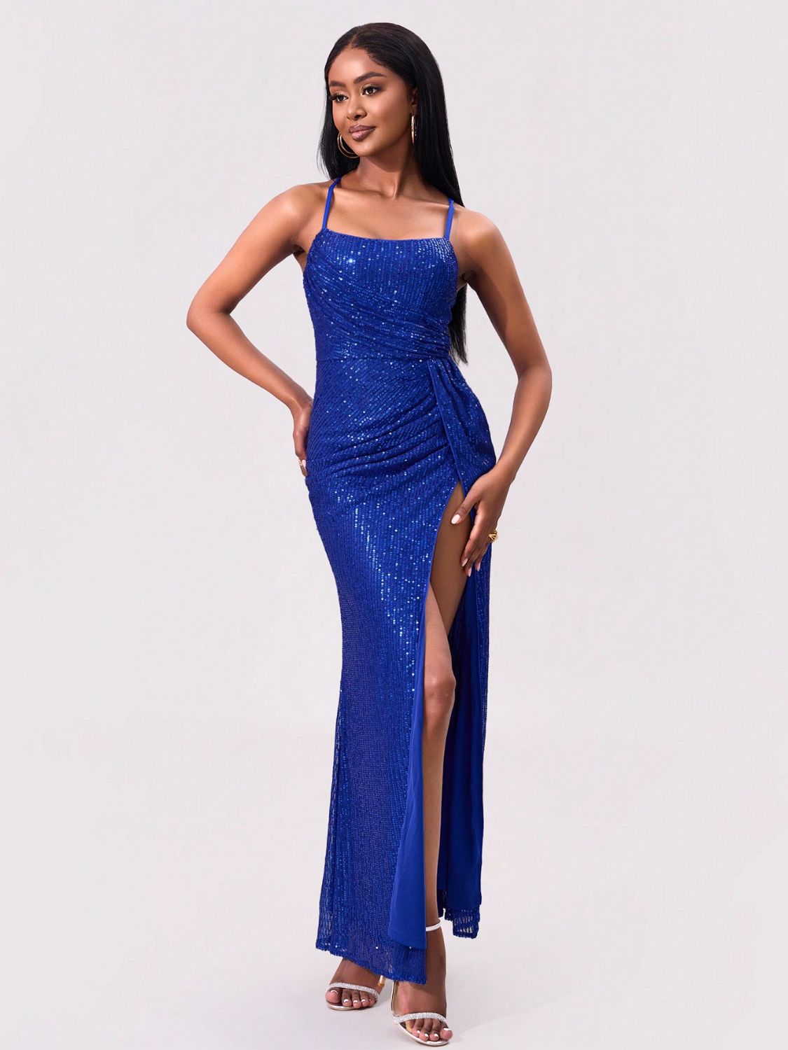 Hazel Blues® | Slit Sequin Square Neck Spaghetti Strap Dress