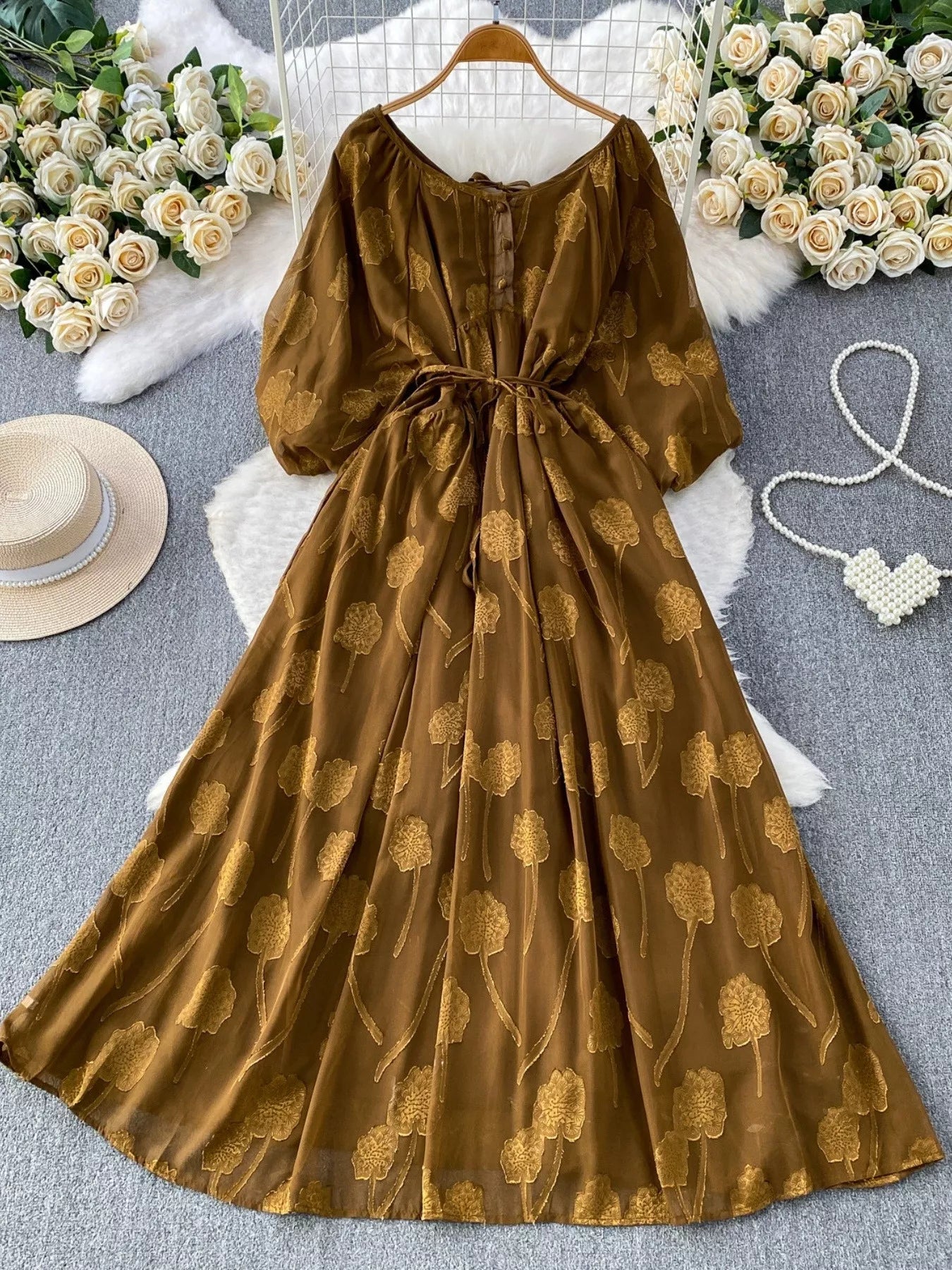 Hazel Blues® | Button Front Puff Sleeve Chiffon Dress