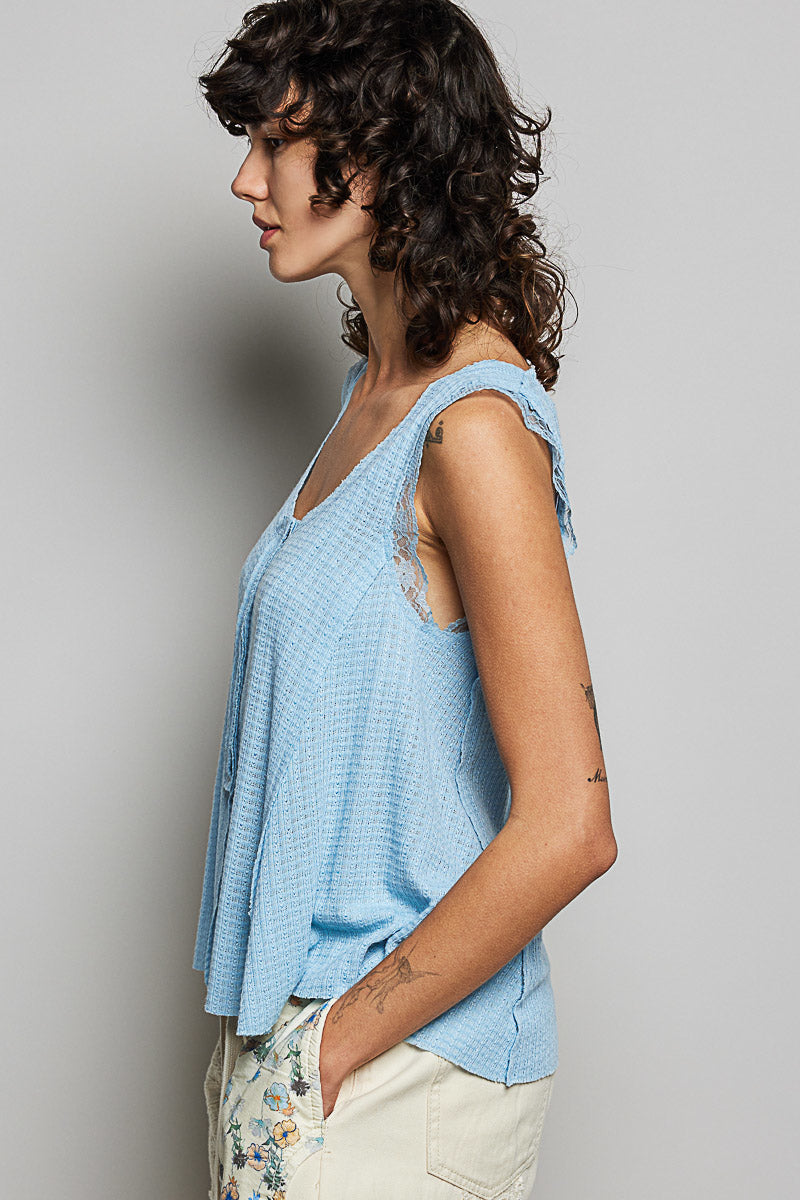 Hazel Blues® | POL Textured Knit Round Neck Tank with Lace Detail