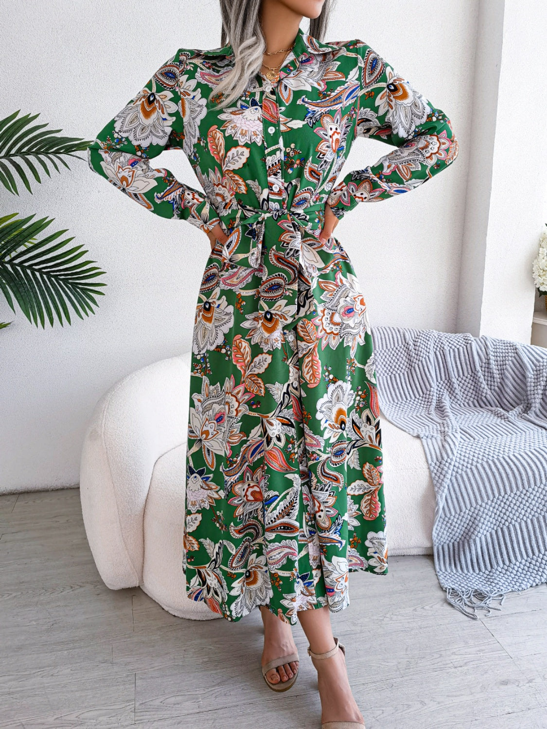 Hazel Blues® | Tied Printed Long Sleeve Midi Dress