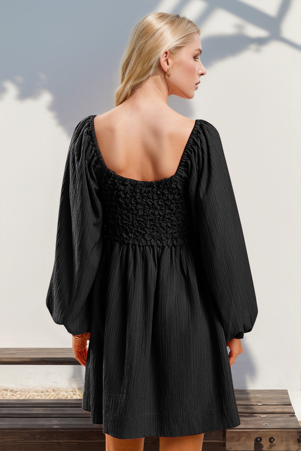 Hazel Blues® | Double Take Texture Smocked Balloon Sleeve Mini Dress