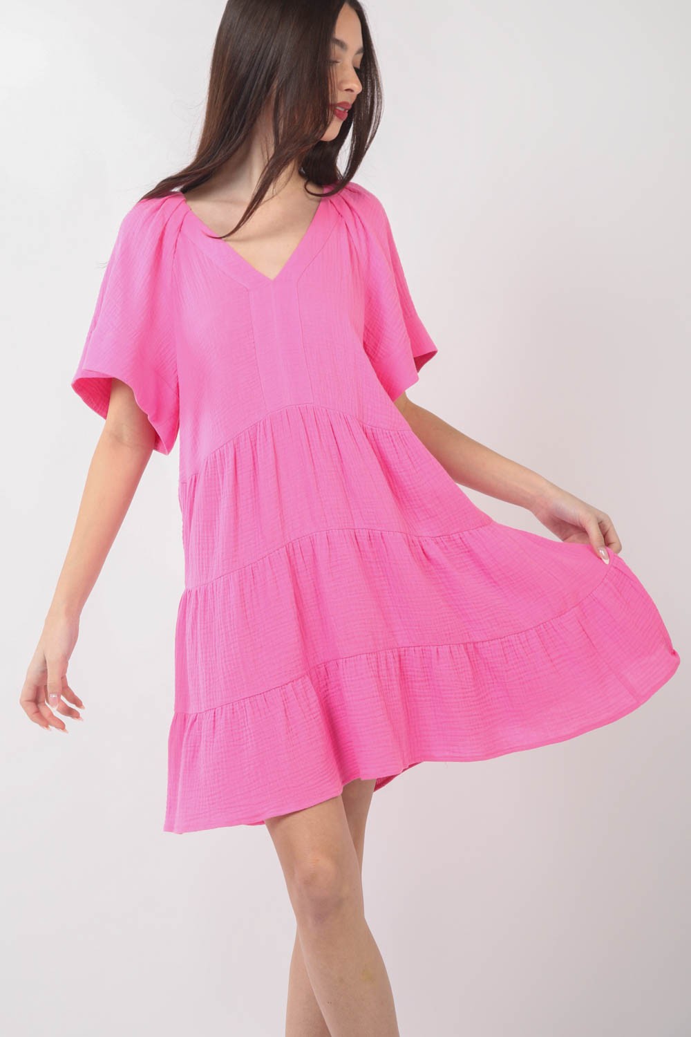 Hazel Blues® | VERY J Texture V-Neck Ruffled Tiered Dress