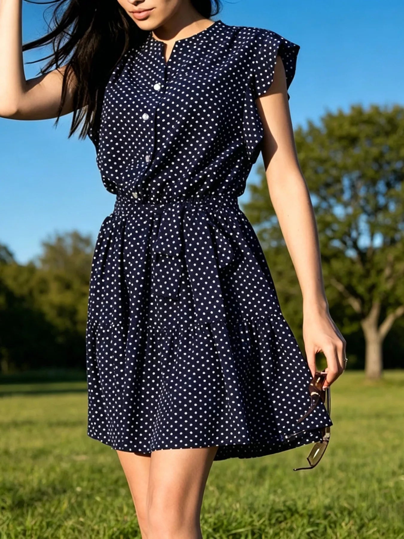 Hazel Blues® | Polka Dot Ruffle Sleeve Tie Waist Dress