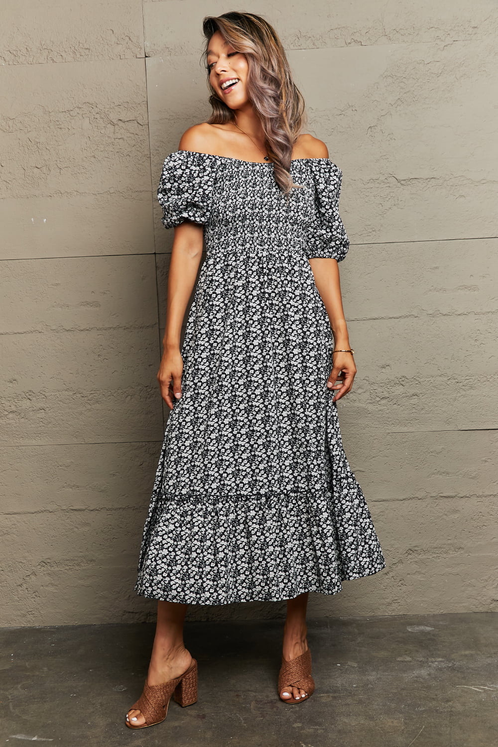 Hazel Blues® | Floral Lace-Up Off-Shoulder Midi Dress
