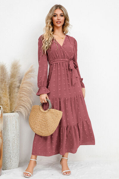 Hazel Blues® | Swiss Dot Tied Surplice Flounce Sleeve Dress