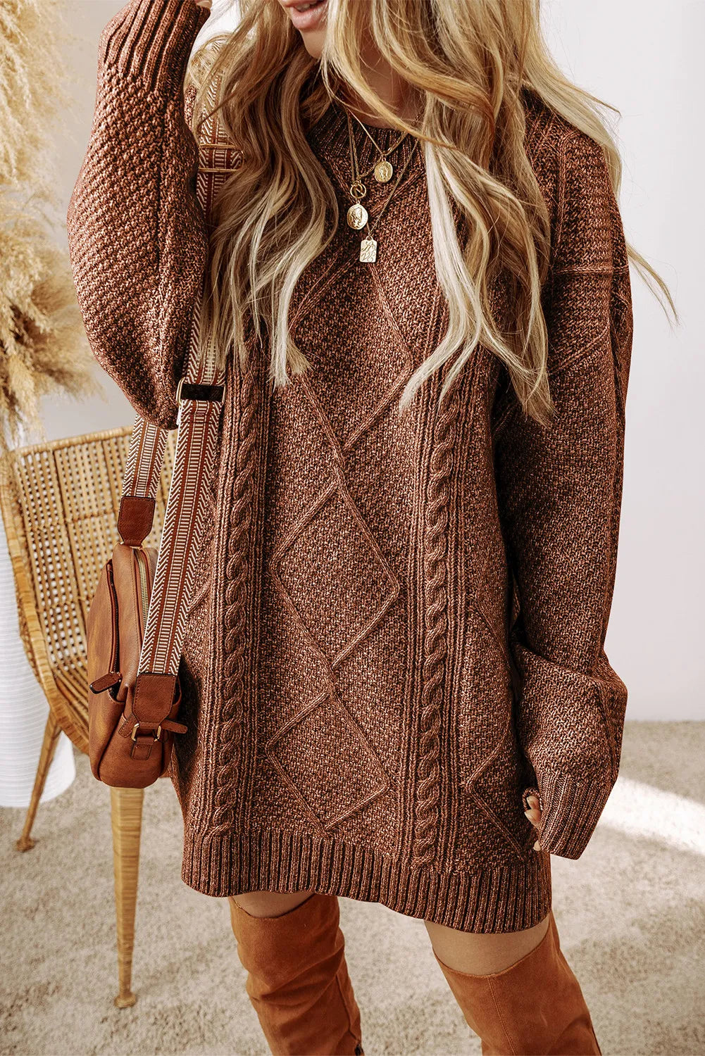 Hazel Blues® | Cable-Knit Round Neck Sweater Dress