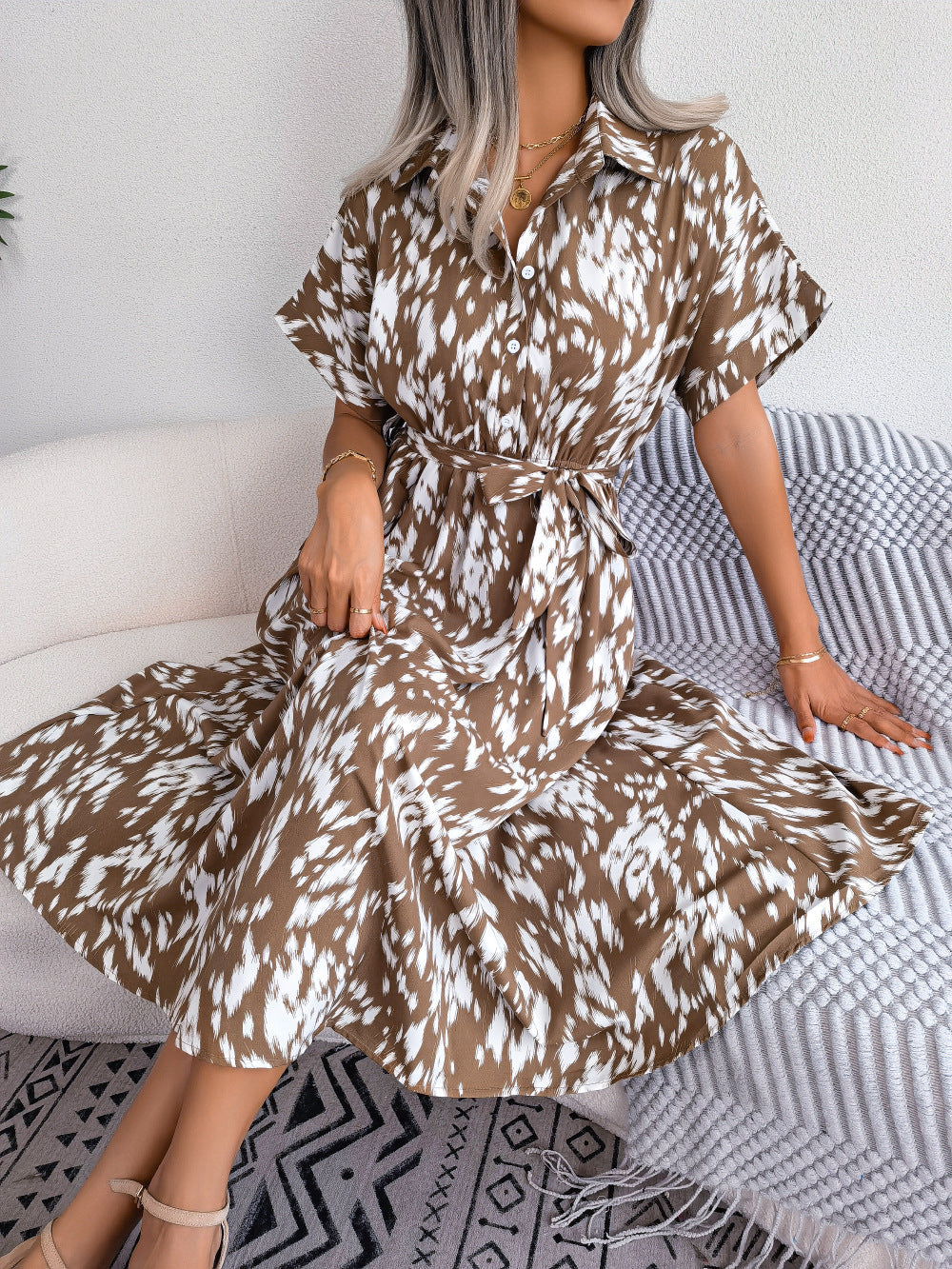 Hazel Blues® | Printed Collared Neck Short Sleeve Tie Waist Dress