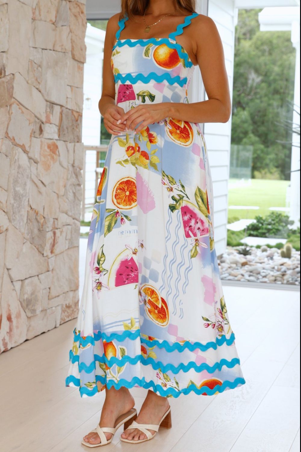 Hazel Blues® | Printed Square Neck Wide Strap Dress