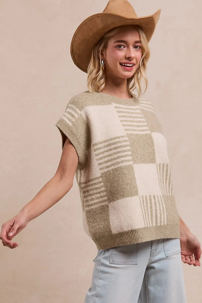 Hazel Blues® | BiBi Checker With Stripes Pattern Sleeveless Sweater