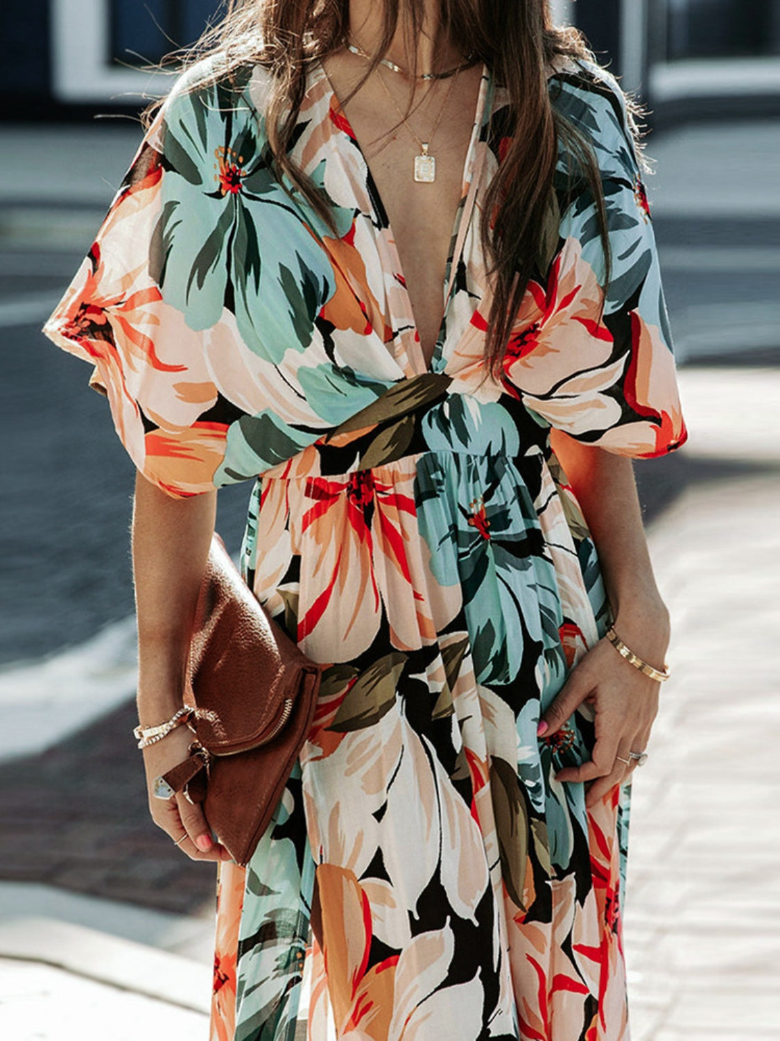 Hazel Blues® | Floral Plunge Half Sleeve Dress