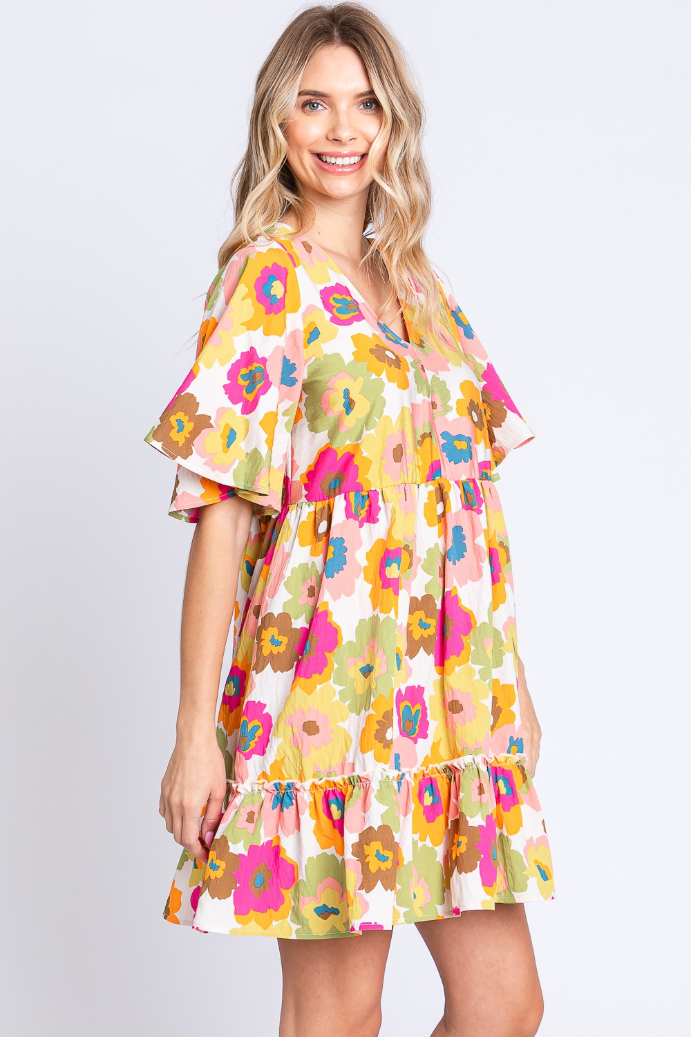 Hazel Blues® | GeeGee Floral V-Neck Ruffle Hem Mini Dress