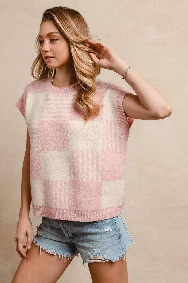 Hazel Blues® | BiBi Checker With Stripes Pattern Sleeveless Sweater