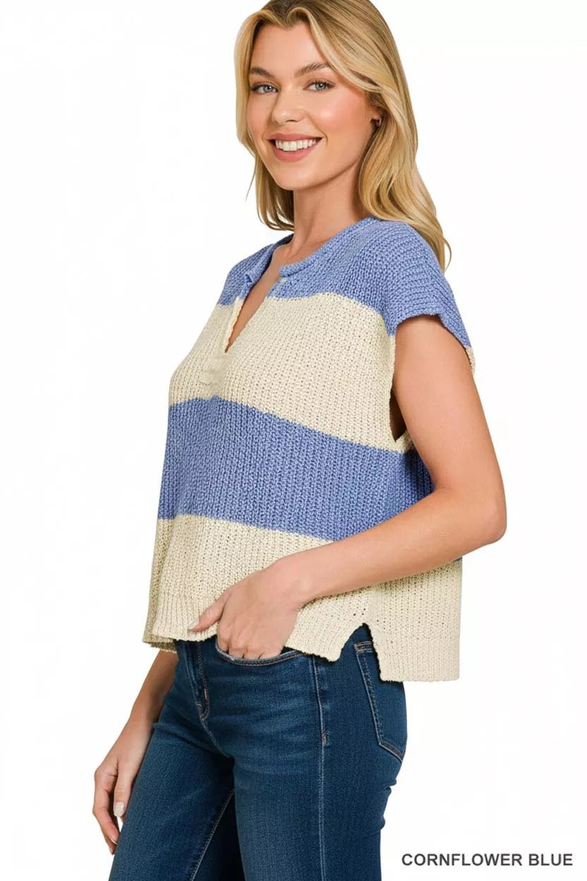 Hazel Blues® | Zenana Split Neck Sleeveless Stripe Sweater