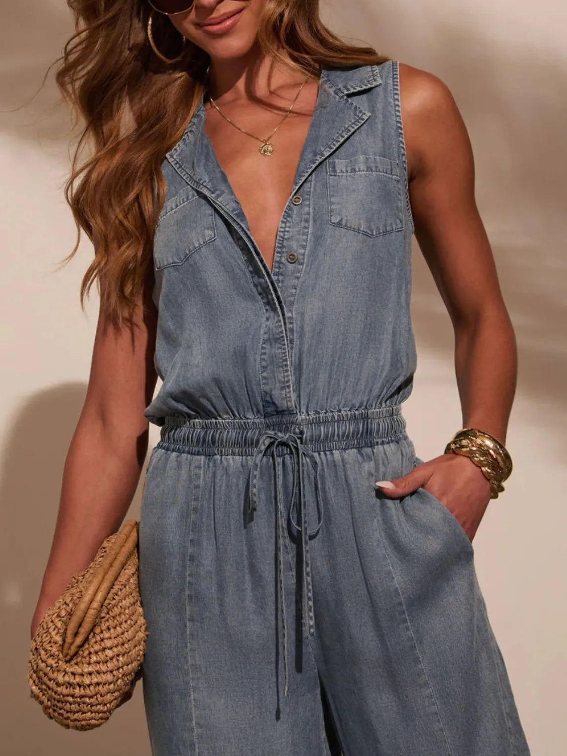 Hazel Blues® | Sleeveless Drawstring Waist Washed Denim Jumpsuit