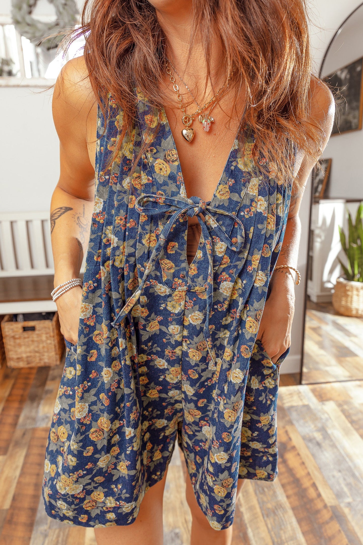 Hazel Blues® | Garden Party Romper | Floral Denim Romper