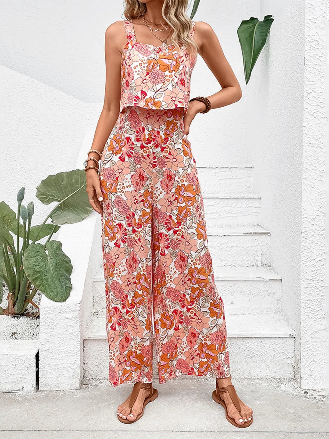 Hazel Blues® | Floral Print Sleeveless Wide Leg Jumpsuit