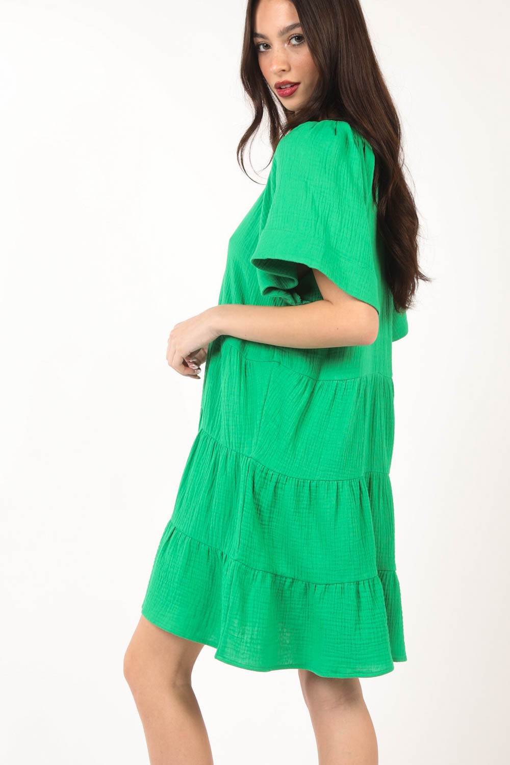 Hazel Blues® | VERY J Texture V-Neck Ruffled Tiered Dress