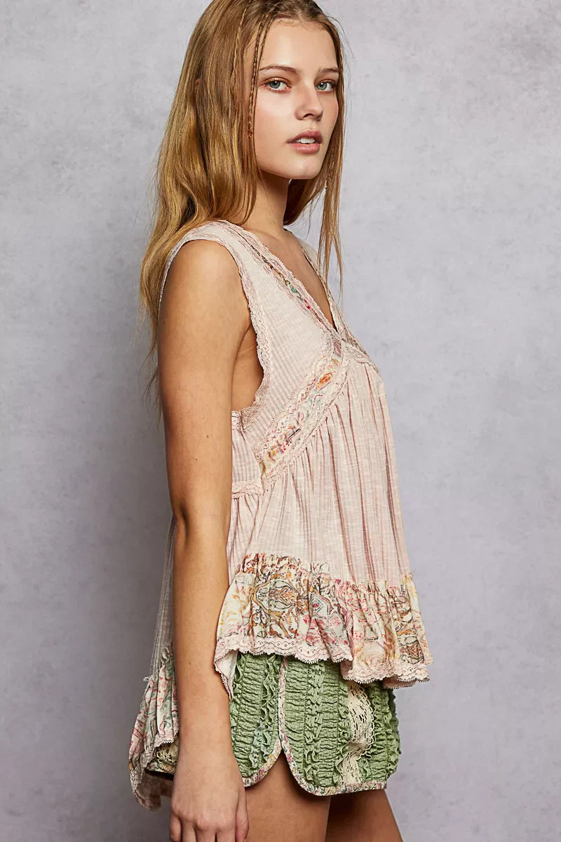 Hazel Blues® | POL Lace Detail Ruffled Ribbed Sleeveless Top with Floral Pattern Trim Detail