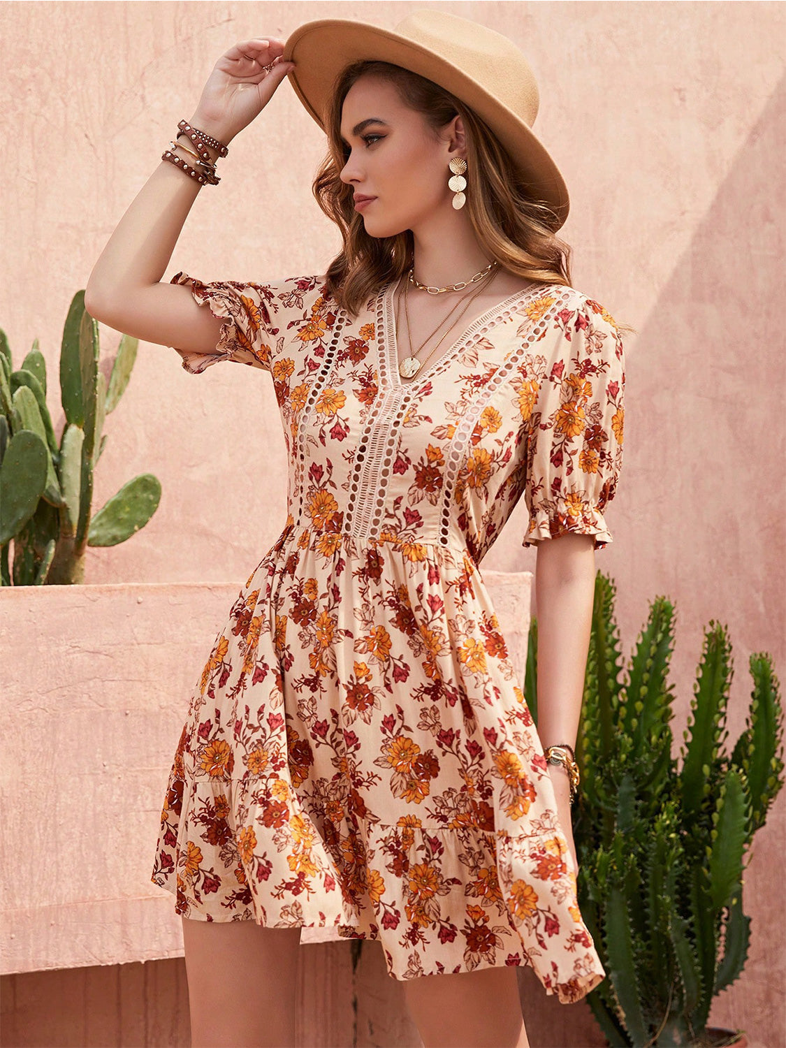 Hazel Blues® | Floral V-Neck Flounce Sleeve Ruffle Hem Dress