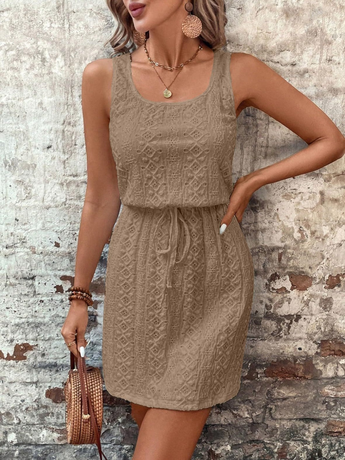 Hazel Blues® | Eyelet Drawstring Round Neck Sleeveless Dress