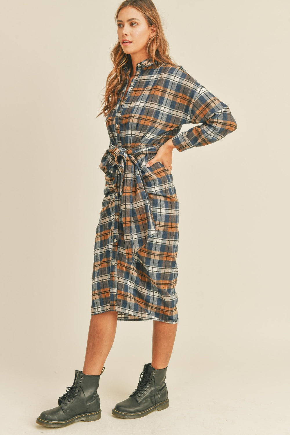 Hazel Blues® | Mable Plaid Flannel Front Tie Button Down Shirt Dress