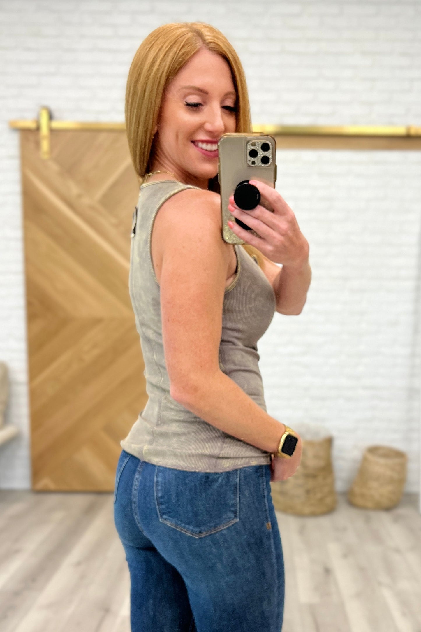 Hazel Blues® | Mineral Washed Ribbed Henley Tank in Mocha Grey