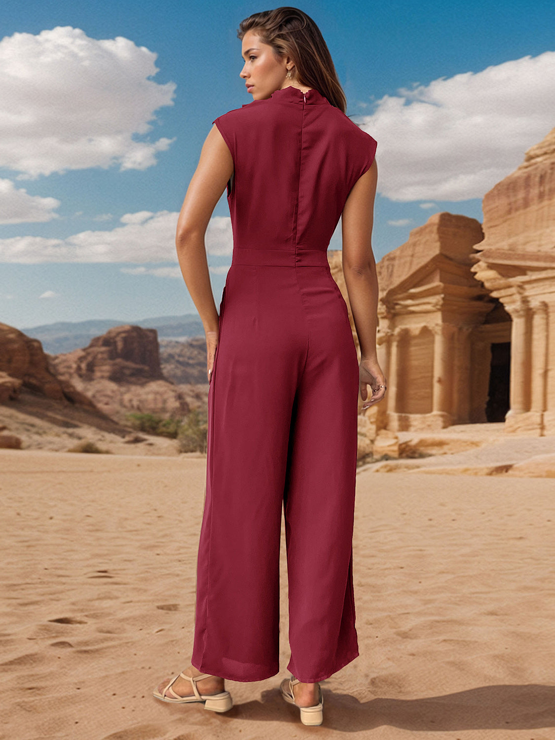 Hazel Blues® | Ruched Mock Neck Sleeveless Jumpsuit
