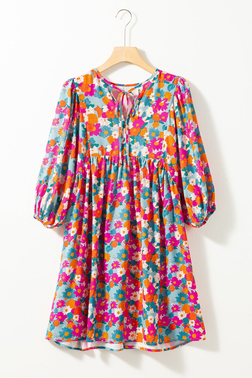 Hazel Blues® | Floral Tie Neck Puff Sleeve Mini Dress