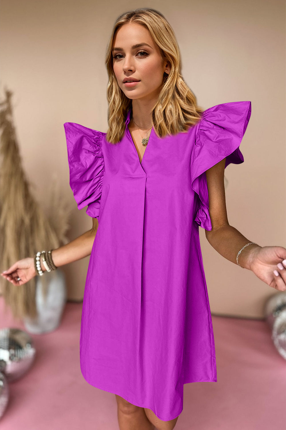 Hazel Blues® | Oh Ruched Johnny Collar Cap Sleeve Mini Dress