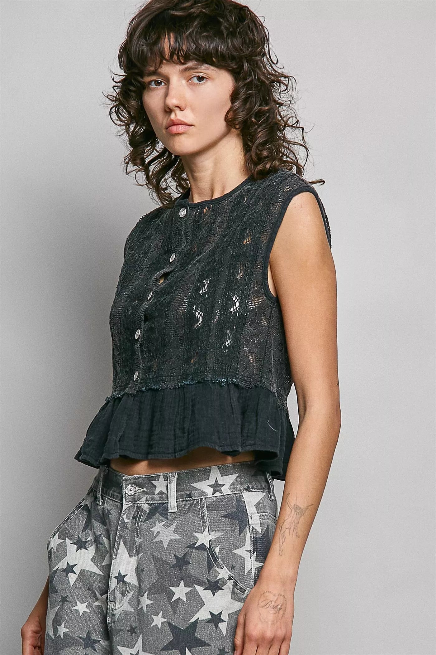 Hazel Blues® | POL Round Neck Lace Sleeveless Top with Double Gauze Ruffle