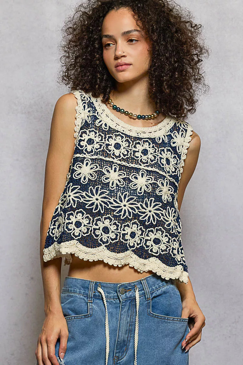 Hazel Blues® | POL Floral Round Neck Cropped Crochet Sleeveless Top with Scalloped Edge