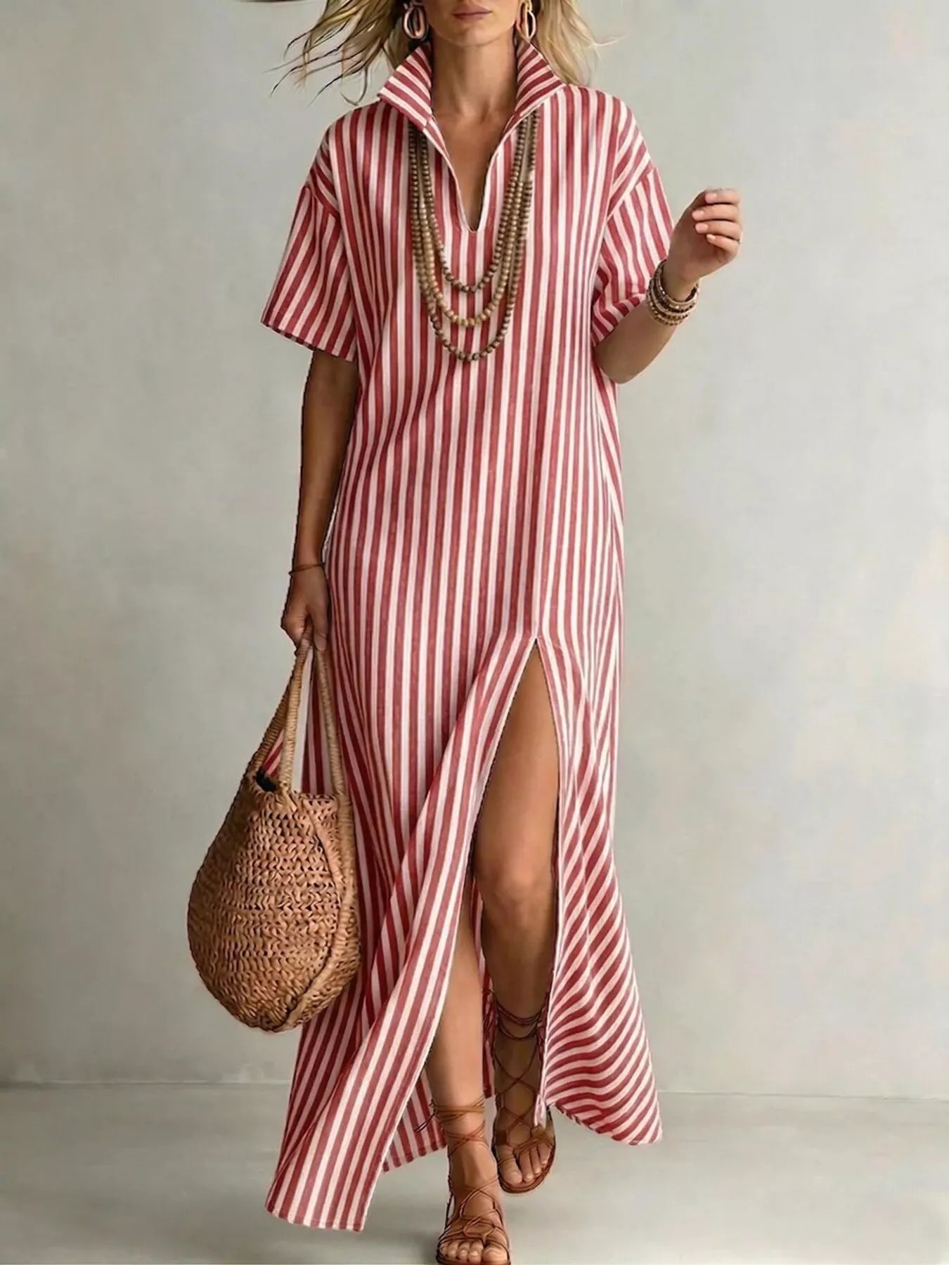 Hazel Blues® | Striped High Slit Maxi Shirt Dress