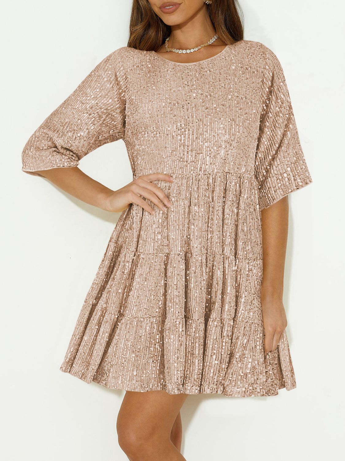 Hazel Blues® | Sequin Round Neck Half Sleeve Mini Dress