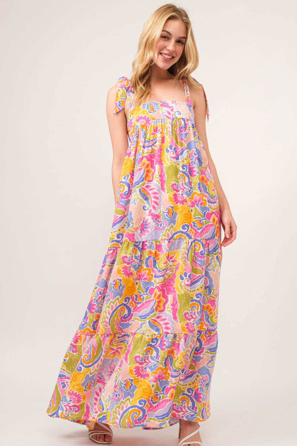 Hazel Blues® | And The Why Printed Tie Shoulder Tiered Maxi Dress