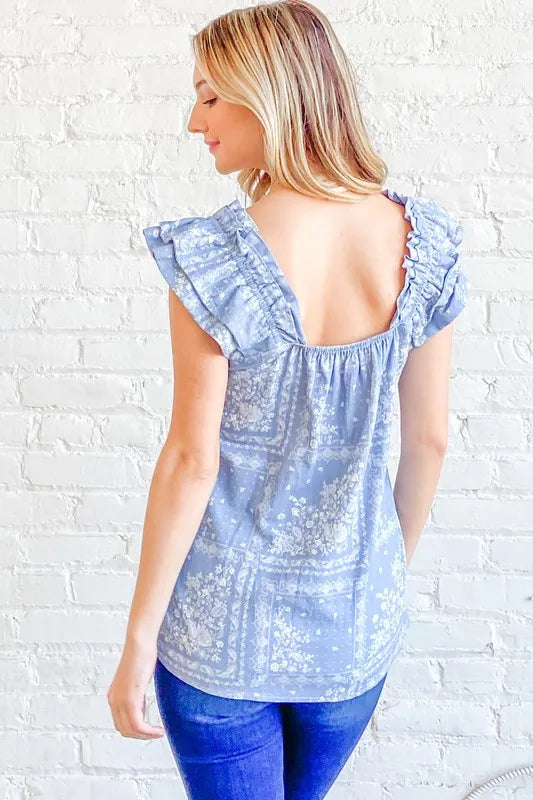 Hazel Blues® | And The Why Boho Print Rayon Linen Ruffle Baby Doll Tank Top