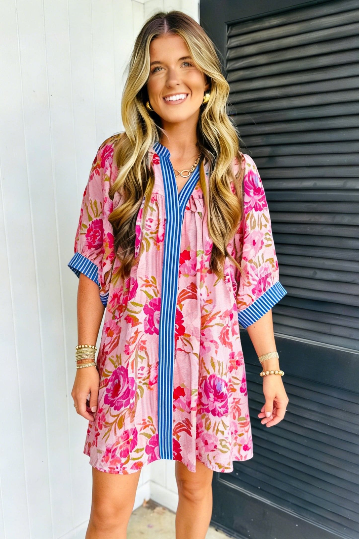 Hazel Blues® | Multicolour Floral Striped Patchwork Trim Half Sleeve Mini Dress
