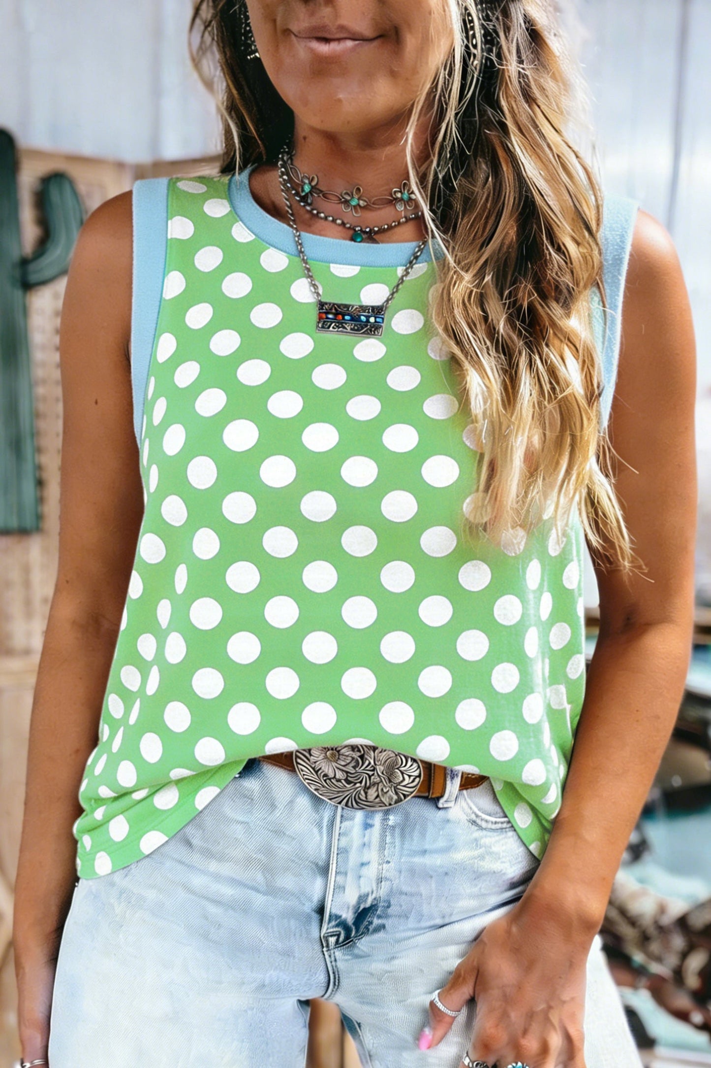 Hazel Blues® | Green Polka Dot Contrast Trim Round Neck Loose Tank Top