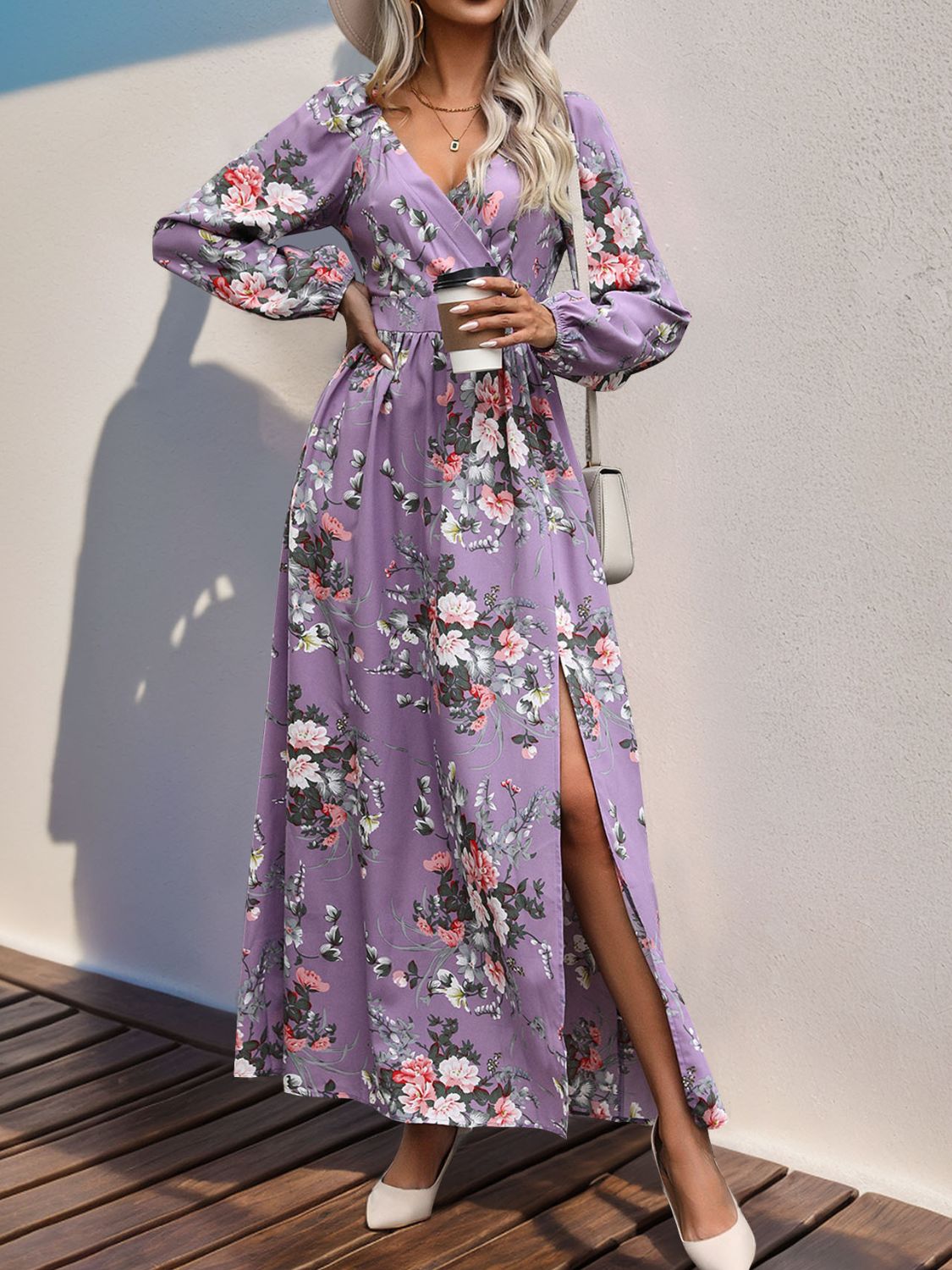 Hazel Blues® | Slit Printed Surplice Long Sleeve Maxi Dress