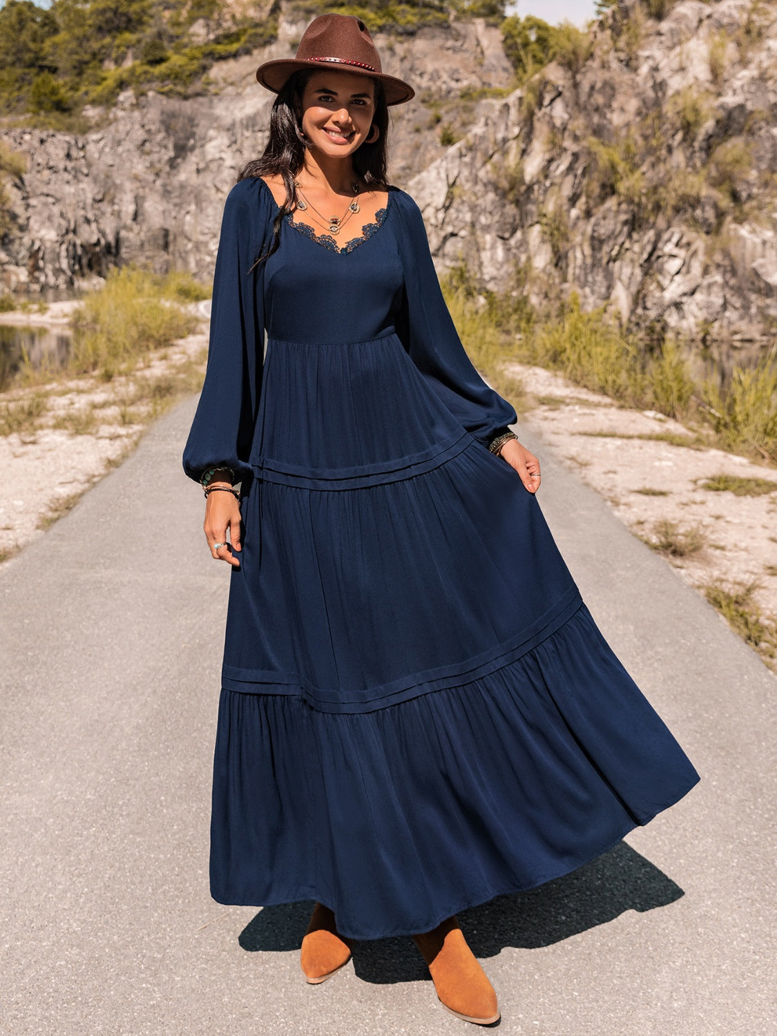 Hazel Blues® | Long Sleeve Lace Trim Maxi Dress